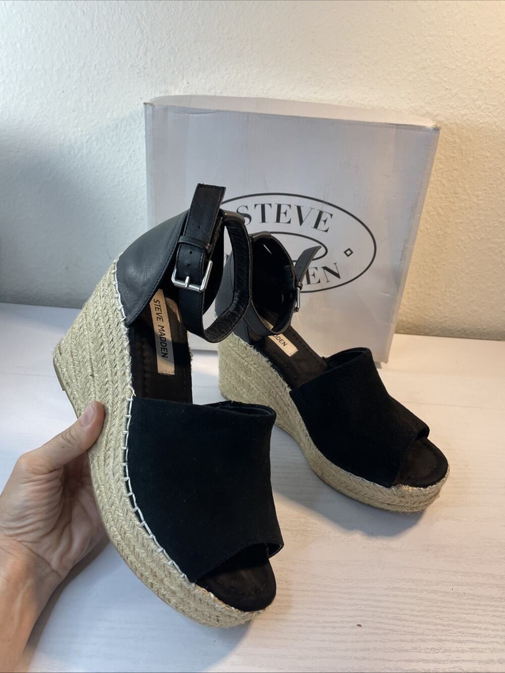 Steve Madden Jaylen Platform Wedge Espadrille Sandals Black Sz 9 Peep Toe Suede